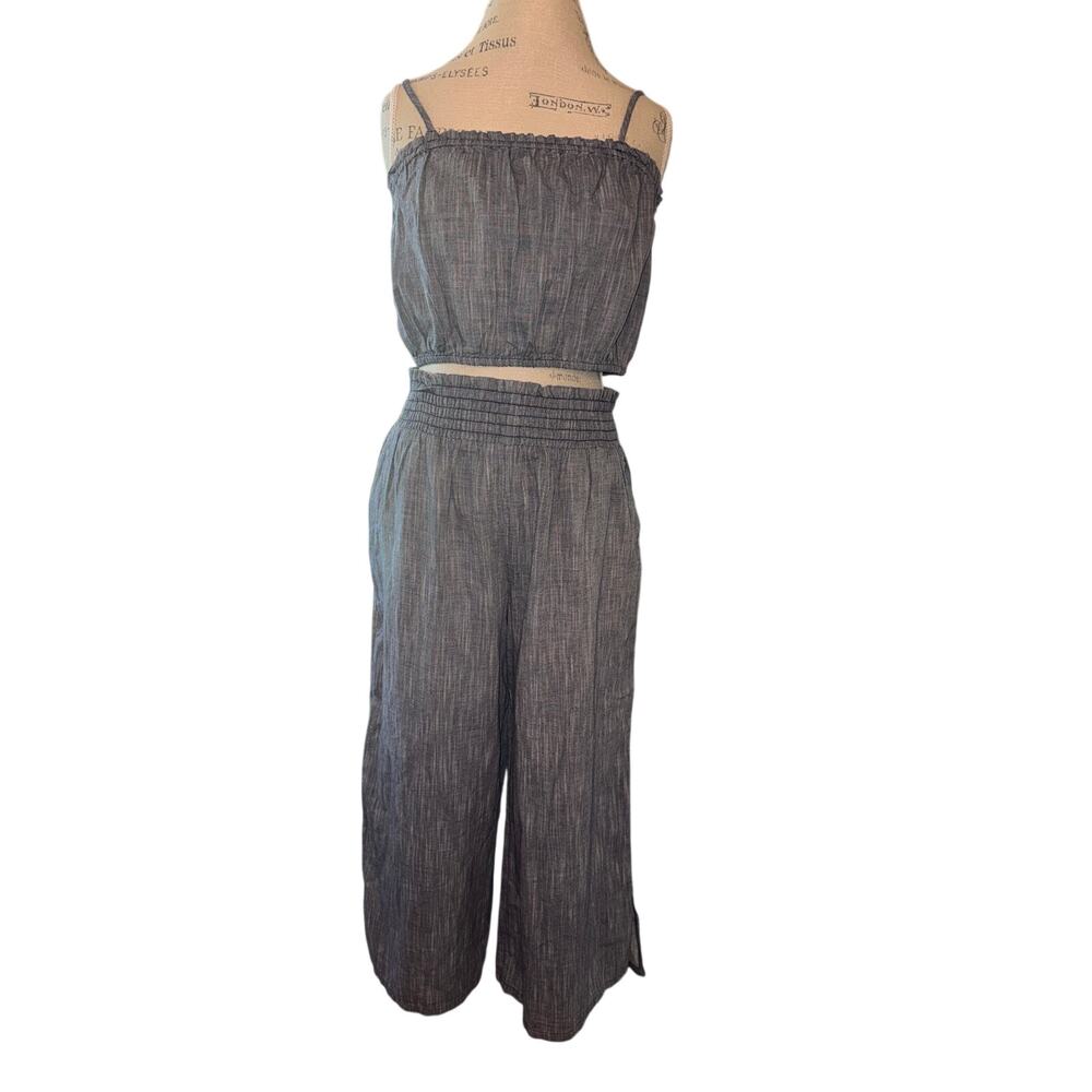 Aerie Heather Gray M/L Matching Two Piece Pant Set  Top Cropped Wide Leg EUC